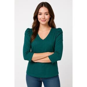 Chico’s Green Long Sleeve Puff Shoulder Top Size 2 (M) V-Neck Soft Knit Blouse